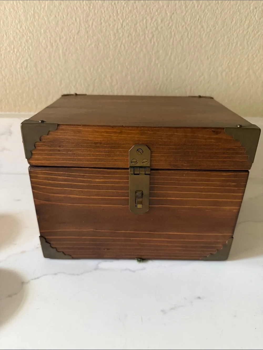 Vintage Wooden Box with Brass Accents and hinged lid